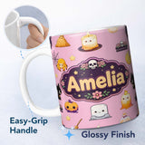 Personalized Custom Name Cute Kawaii Halloween Witch Pumpkin Spider Seamless Pattern Rose 11oz Ceramic Coffee Tea Mug White Large Handle