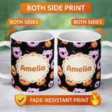 Personalized Custom Name Cute Halloween Donuts Pumpkin Lollipop Seamless Pattern Black 11oz Ceramic Coffee Tea Mug White Large Handle