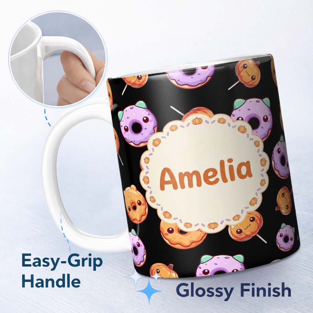 Personalized Custom Name Cute Halloween Donuts Pumpkin Lollipop Seamless Pattern Black 11oz Ceramic Coffee Tea Mug White Large Handle