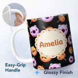 Personalized Custom Name Cute Halloween Donuts Pumpkin Lollipop Seamless Pattern Black 11oz Ceramic Coffee Tea Mug White Large Handle