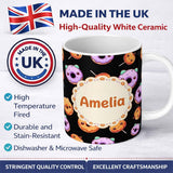 Personalized Custom Name Cute Halloween Donuts Pumpkin Lollipop Seamless Pattern Black 11oz Ceramic Coffee Tea Mug White Large Handle