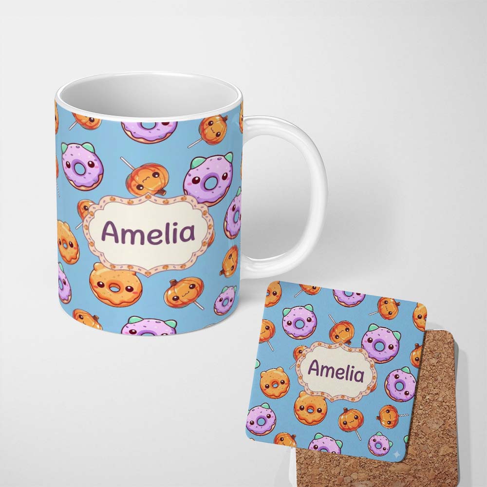 Personalized Custom Name Cute Halloween Donuts Pumpkin Lollipop Seamless Pattern Blue 11oz Ceramic Coffee Tea Mug White Large Handle