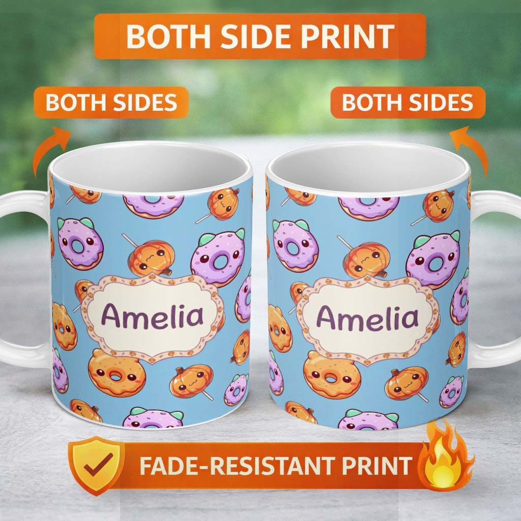 Personalized Custom Name Cute Halloween Donuts Pumpkin Lollipop Seamless Pattern Blue 11oz Ceramic Coffee Tea Mug White Large Handle