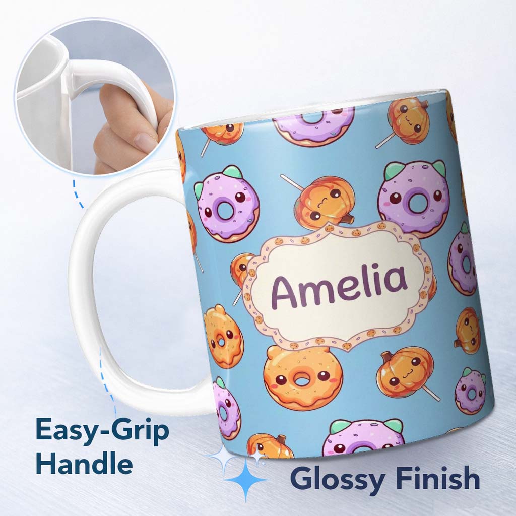 Personalized Custom Name Cute Halloween Donuts Pumpkin Lollipop Seamless Pattern Blue 11oz Ceramic Coffee Tea Mug White Large Handle