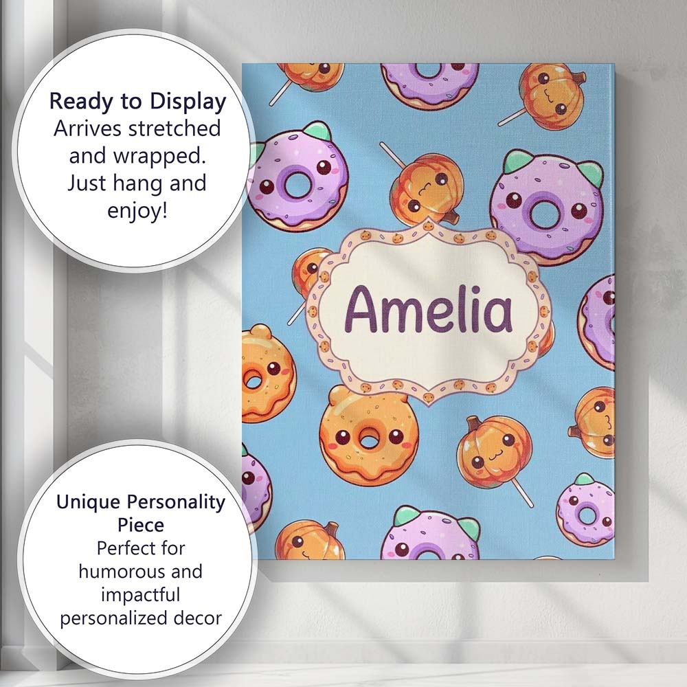 Personalised Name Cute Halloween Donuts Custom  Modern Room Accent Elegant Feature Canvas Wall Art Print Decor Picture Ready to Hang
