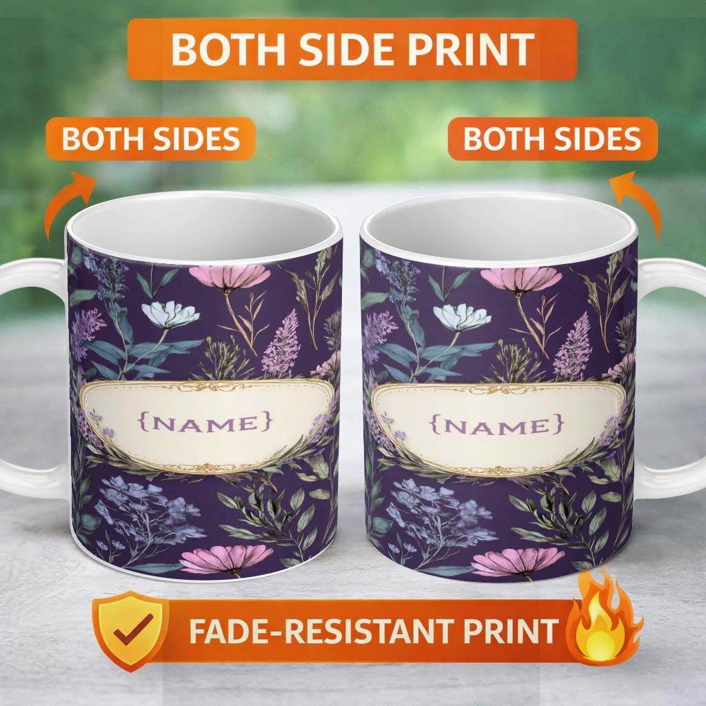 Personalized Custom Name Elegant Tropical Floral Leaves Blue Background Seamless Pattern 11oz Ceramic Coffee Tea Mug White Large Handle