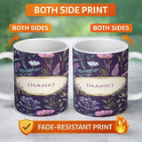 Personalized Custom Name Elegant Tropical Floral Leaves Blue Background Seamless Pattern 11oz Ceramic Coffee Tea Mug White Large Handle