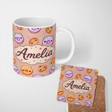 Personalized Custom Name Cute Halloween Donuts Pumpkin Lollipop Seamless Pattern Peach 11oz Ceramic Coffee Tea Mug White Large Handle