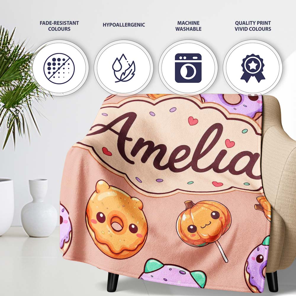 Cute Halloween Donuts Pumpkin Lollipop Seamless Pattern Peach  Personalised Custom Name Super Soft Fleece Blanket Bed Sofa Throw