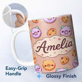 Personalized Custom Name Cute Halloween Donuts Pumpkin Lollipop Seamless Pattern Peach 11oz Ceramic Coffee Tea Mug White Large Handle