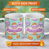 Personalized Custom Name Cute Halloween Donuts Pumpkin Lollipop Seamless Pattern Teal 11oz Ceramic Coffee Tea Mug White Large Handle