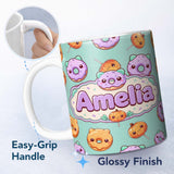 Personalized Custom Name Cute Halloween Donuts Pumpkin Lollipop Seamless Pattern Teal 11oz Ceramic Coffee Tea Mug White Large Handle