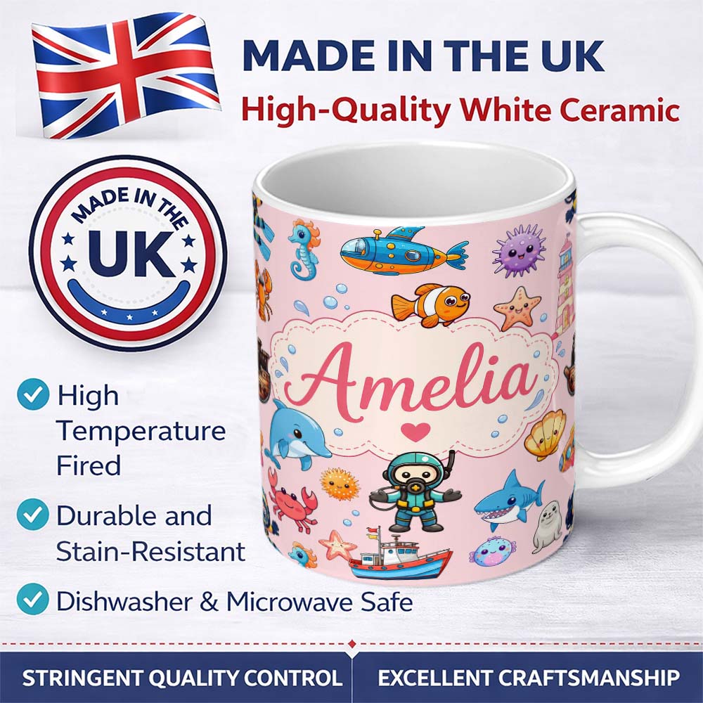 Personalized Custom Name Cartoon Ocean with various sea CreaturesSea Creatures on Blush Pink 11oz Ceramic Coffee Tea Mug White Large Handle