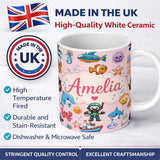 Personalized Custom Name Cartoon Ocean with various sea CreaturesSea Creatures on Blush Pink 11oz Ceramic Coffee Tea Mug White Large Handle