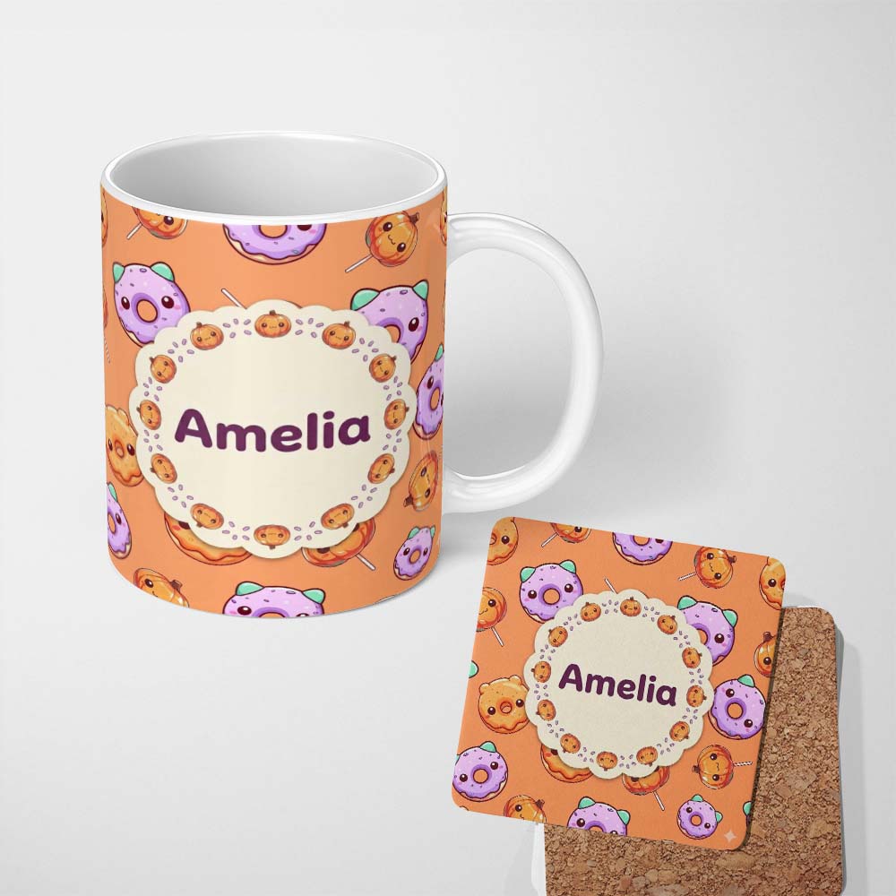 Personalized Custom Name Cute Halloween Donuts Pumpkin Lollipop Seamless Pattern Orange 11oz Ceramic Coffee Tea Mug White Large Handle