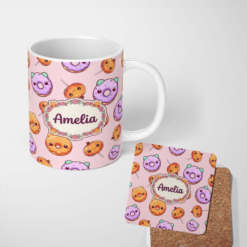 Personalized Custom Name Cute Halloween Donuts Pumpkin Lollipop Seamless Pattern Soft Pink 11oz Ceramic Coffee Tea Mug White Large Handle