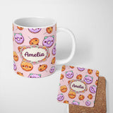 Personalized Custom Name Cute Halloween Donuts Pumpkin Lollipop Seamless Pattern Soft Pink 11oz Ceramic Coffee Tea Mug White Large Handle