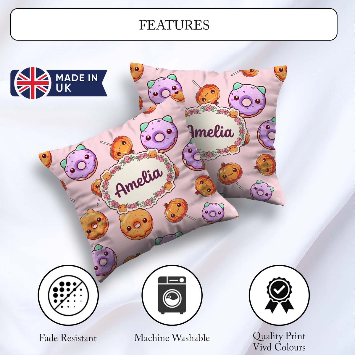 Custom Name Halloween Donuts Pumpkin Lollipop Seamless Soft Pink Square Filled Cushion Throw Pillow Sofa Bed Home Decor Zip Washable UK Made