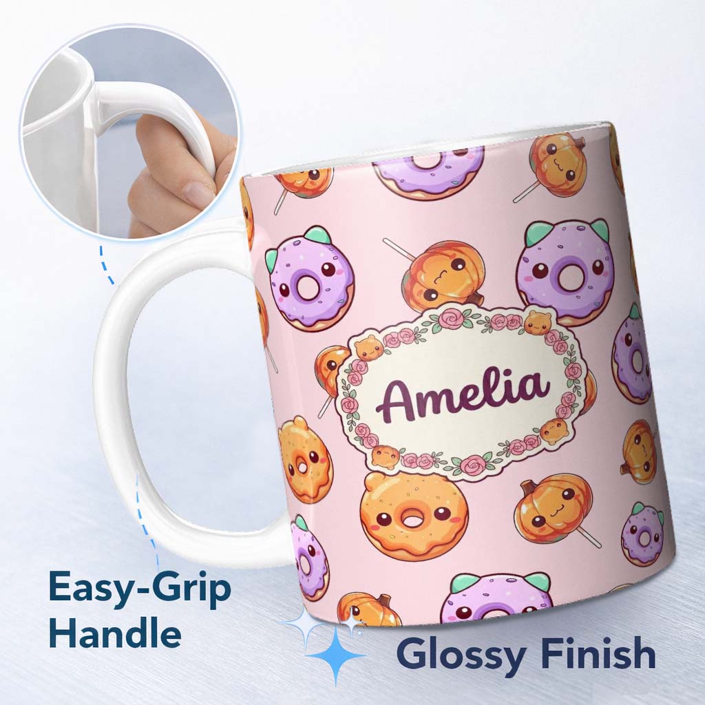 Personalized Custom Name Cute Halloween Donuts Pumpkin Lollipop Seamless Pattern Soft Pink 11oz Ceramic Coffee Tea Mug White Large Handle