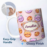 Personalized Custom Name Cute Halloween Donuts Pumpkin Lollipop Seamless Pattern Soft Pink 11oz Ceramic Coffee Tea Mug White Large Handle