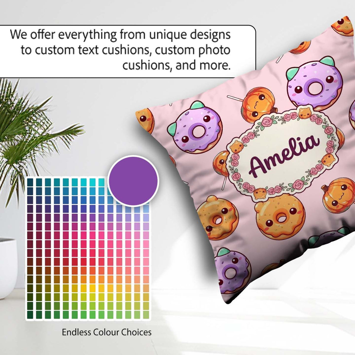Custom Name Halloween Donuts Pumpkin Lollipop Seamless Soft Pink Square Filled Cushion Throw Pillow Sofa Bed Home Decor Zip Washable UK Made