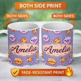 Personalized Custom Name Cute Halloween Donuts Pumpkin Lollipop Seamless Pattern Purple 11oz Ceramic Coffee Tea Mug White Large Handle