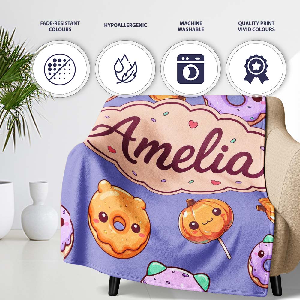 Cute Halloween Donuts Pumpkin Lollipop Seamless Pattern Purple  Personalised Custom Name Super Soft Fleece Blanket Bed Sofa Throw
