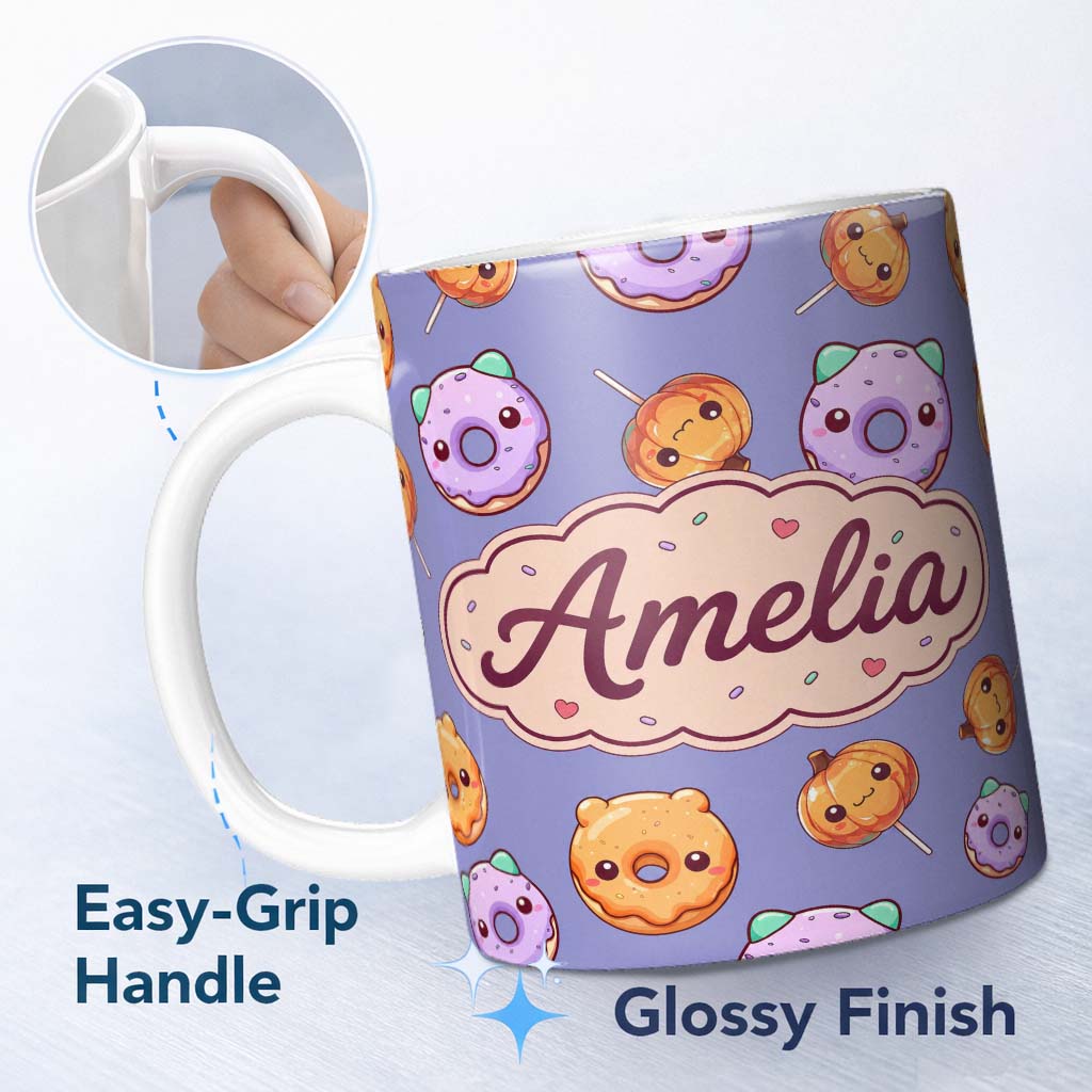 Personalized Custom Name Cute Halloween Donuts Pumpkin Lollipop Seamless Pattern Purple 11oz Ceramic Coffee Tea Mug White Large Handle
