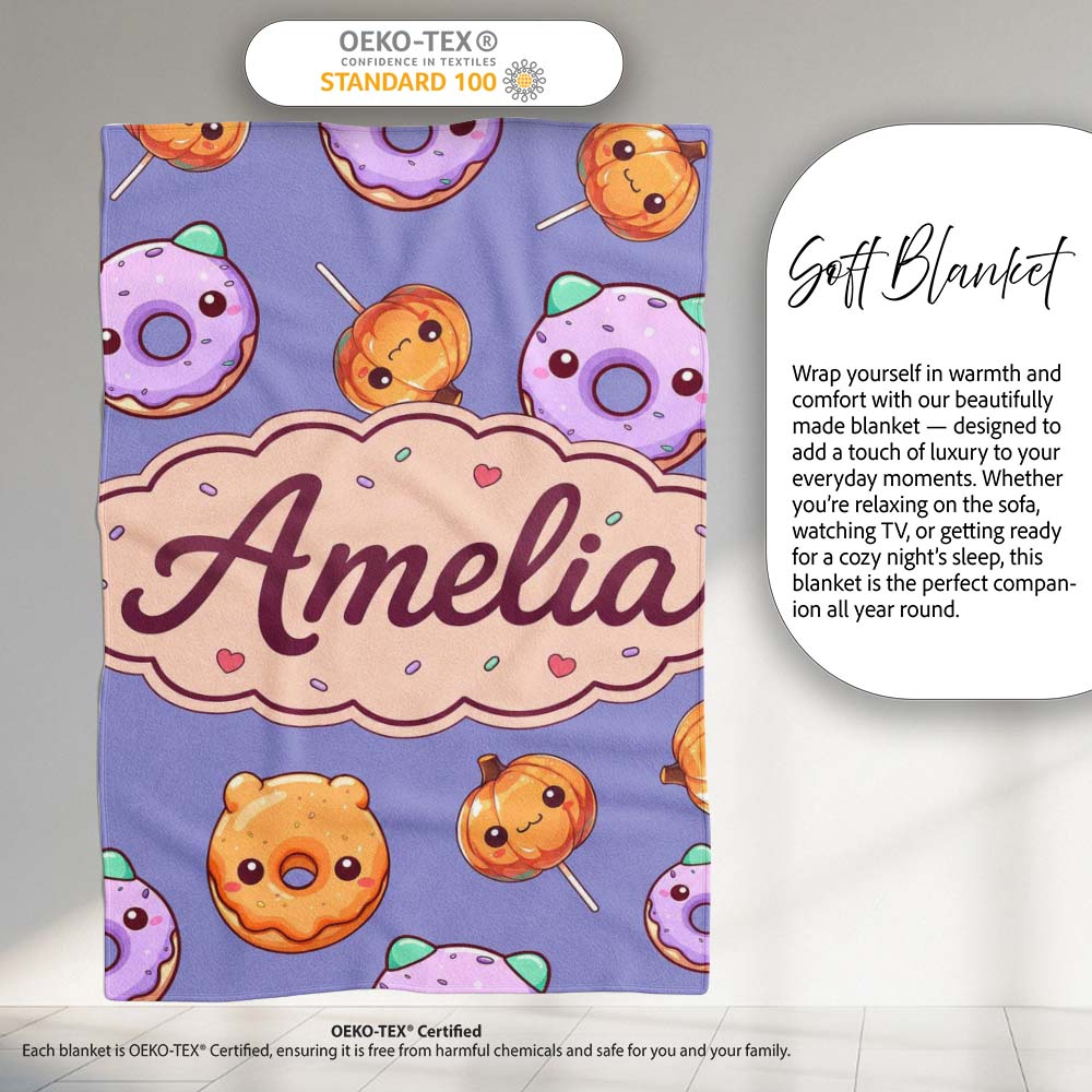 Cute Halloween Donuts Pumpkin Lollipop Seamless Pattern Purple  Personalised Custom Name Super Soft Fleece Blanket Bed Sofa Throw
