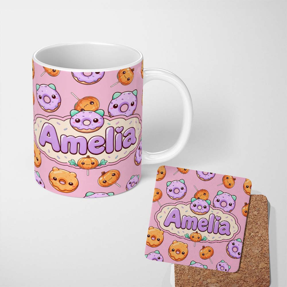 Personalized Custom Name Cute Halloween Donuts Pumpkin Lollipop Seamless Pattern Blush Pink 11oz Ceramic Coffee Tea Mug White Large Handle