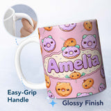 Personalized Custom Name Cute Halloween Donuts Pumpkin Lollipop Seamless Pattern Blush Pink 11oz Ceramic Coffee Tea Mug White Large Handle