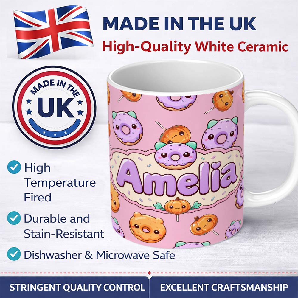 Personalized Custom Name Cute Halloween Donuts Pumpkin Lollipop Seamless Pattern Blush Pink 11oz Ceramic Coffee Tea Mug White Large Handle