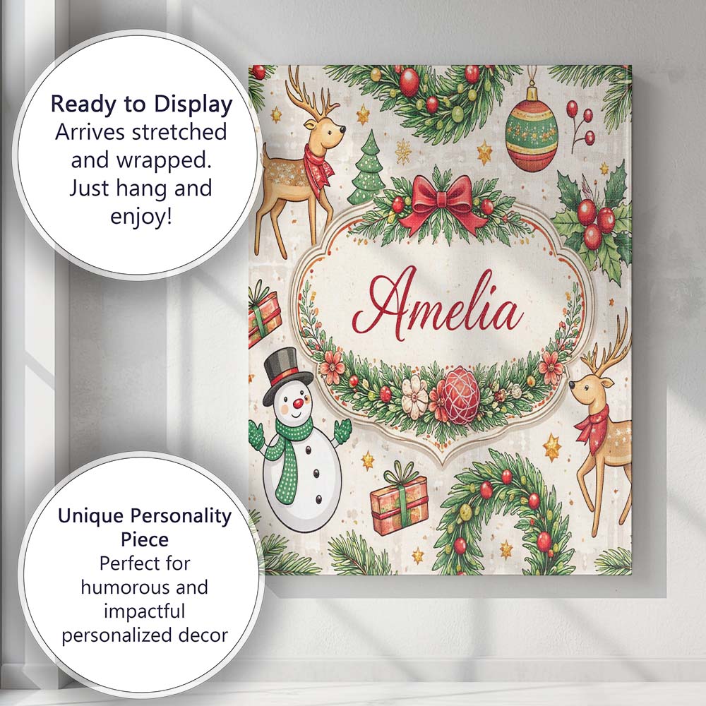Personalised Name Classic Christmas Plaid Tree Reindeer Seamless Custom  Interior Canvas Wall Art Print Decor Picture Ready to Hang