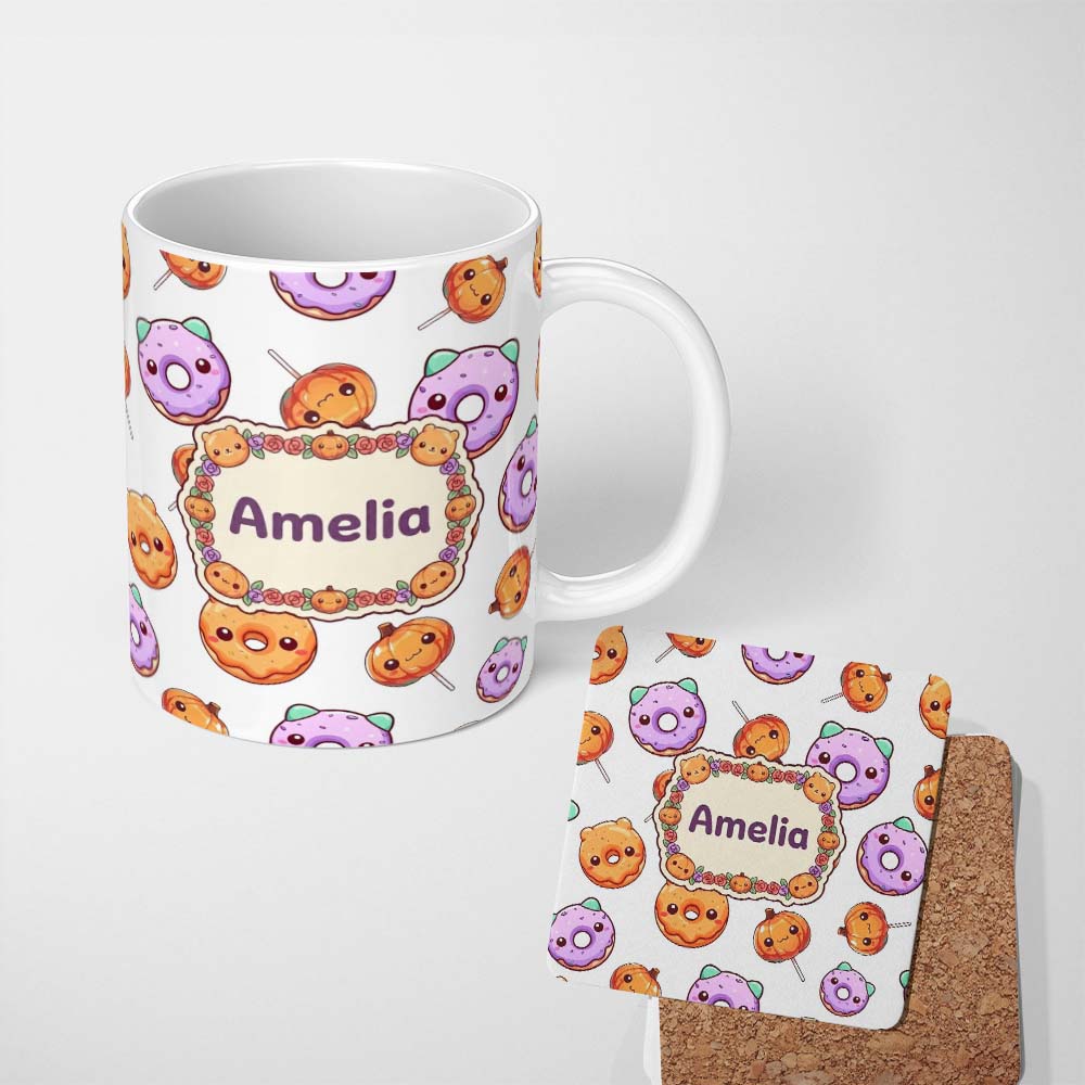 Personalized Custom Name Cute Halloween Donuts Pumpkin Lollipop Seamless Pattern Light Grey 11oz Ceramic Coffee Tea Mug White Large Handle
