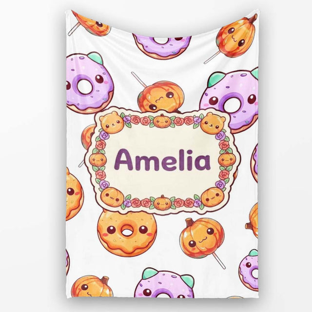 Cute Halloween Donuts Pumpkin Lollipop Seamless Pattern Light Grey  Personalised Custom Name Super Soft Fleece Blanket Bed Sofa Throw
