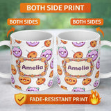 Personalized Custom Name Cute Halloween Donuts Pumpkin Lollipop Seamless Pattern Light Grey 11oz Ceramic Coffee Tea Mug White Large Handle
