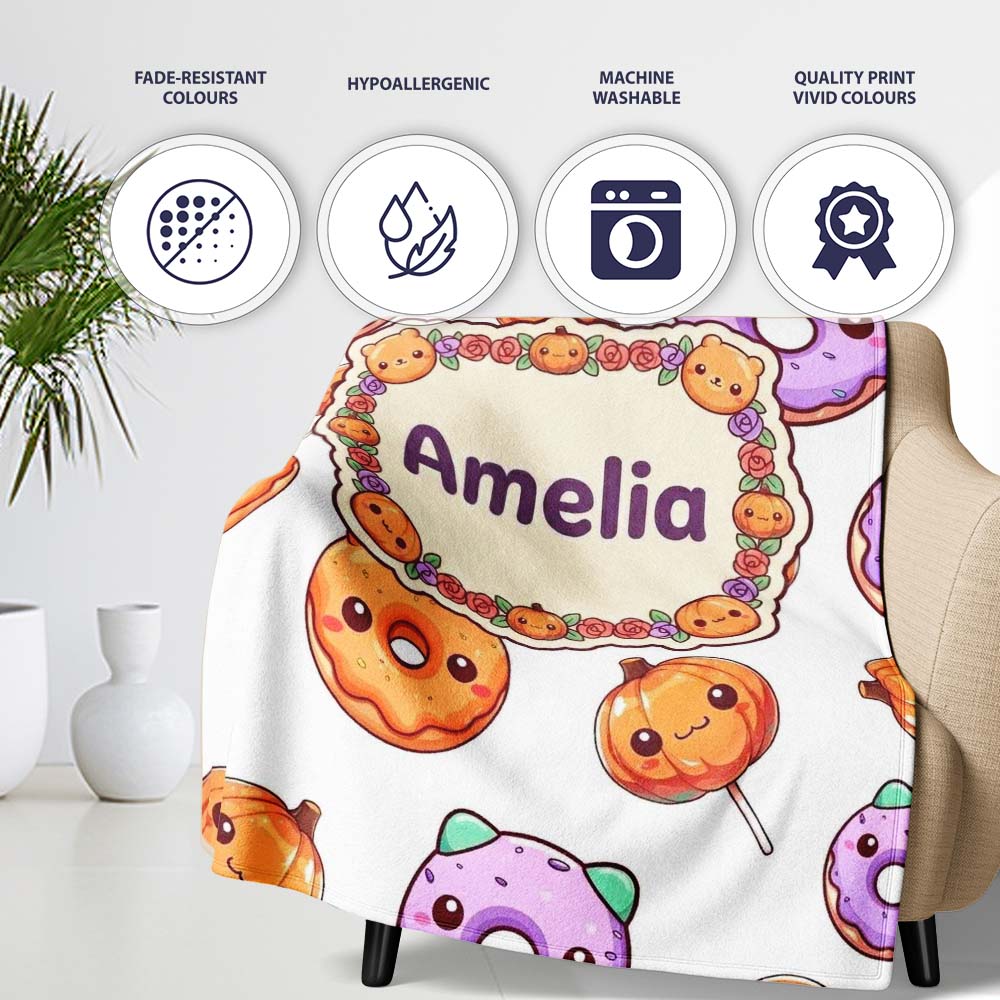 Cute Halloween Donuts Pumpkin Lollipop Seamless Pattern Light Grey  Personalised Custom Name Super Soft Fleece Blanket Bed Sofa Throw