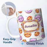 Personalized Custom Name Cute Halloween Donuts Pumpkin Lollipop Seamless Pattern Light Grey 11oz Ceramic Coffee Tea Mug White Large Handle