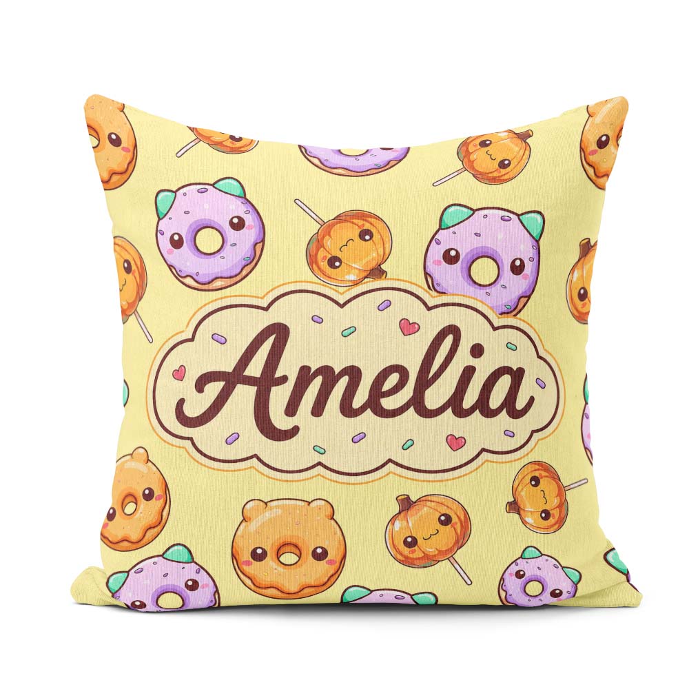 Custom Name Cute Donuts Pumpkin Lollipop Seamless Pattern Yellow Square Filled Cushion Throw Pillow Sofa Bed Home Decor Zip Washable UK Made