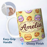 Personalized Custom Name Cute Halloween Donuts Pumpkin Lollipop Seamless Pattern Yellow 11oz Ceramic Coffee Tea Mug White Large Handle