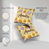 Custom Name Cute Donuts Pumpkin Lollipop Seamless Pattern Yellow Square Filled Cushion Throw Pillow Sofa Bed Home Decor Zip Washable UK Made