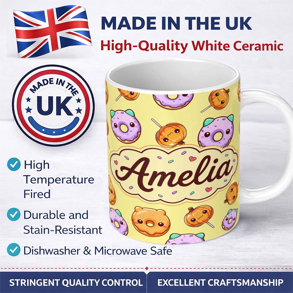 Personalized Custom Name Cute Halloween Donuts Pumpkin Lollipop Seamless Pattern Yellow 11oz Ceramic Coffee Tea Mug White Large Handle