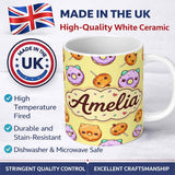 Personalized Custom Name Cute Halloween Donuts Pumpkin Lollipop Seamless Pattern Yellow 11oz Ceramic Coffee Tea Mug White Large Handle
