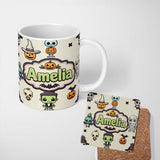 Personalized Custom Name Halloween Character Zombie Mummy Bat Pumpkin Seamless Pattern Beige 11oz Ceramic Coffee Tea Mug White Large Handle