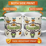 Personalized Custom Name Halloween Character Zombie Mummy Bat Pumpkin Seamless Pattern Beige 11oz Ceramic Coffee Tea Mug White Large Handle