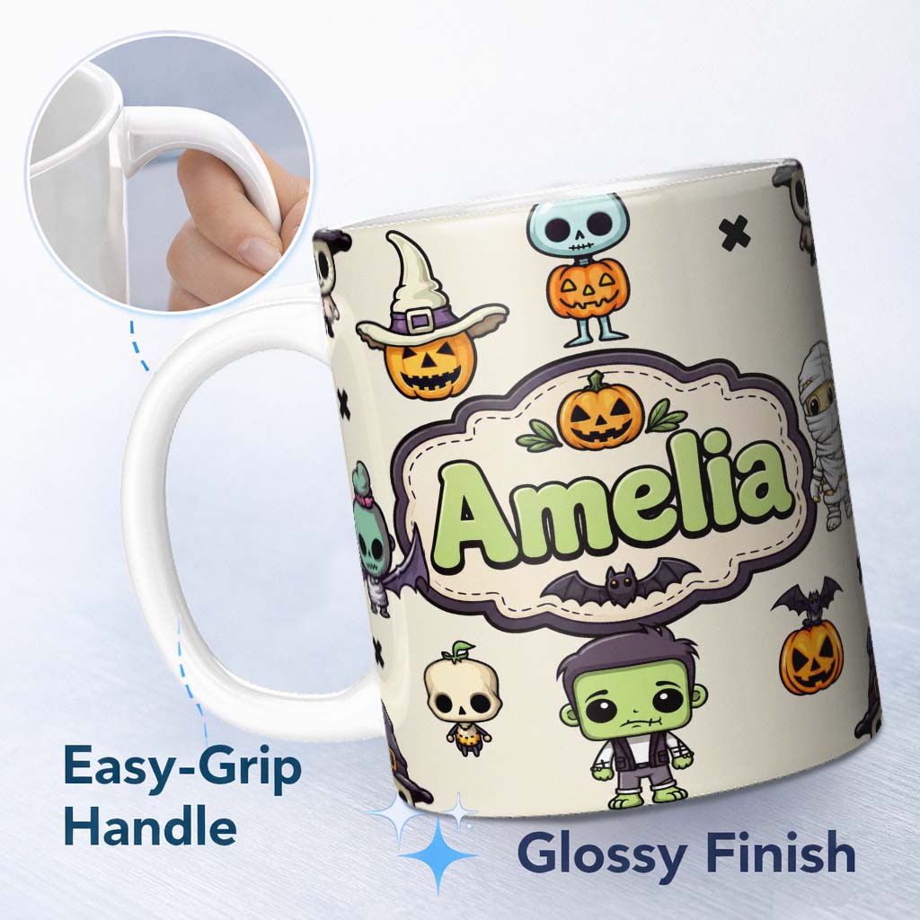 Personalized Custom Name Halloween Character Zombie Mummy Bat Pumpkin Seamless Pattern Beige 11oz Ceramic Coffee Tea Mug White Large Handle