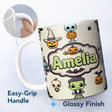 Personalized Custom Name Halloween Character Zombie Mummy Bat Pumpkin Seamless Pattern Beige 11oz Ceramic Coffee Tea Mug White Large Handle
