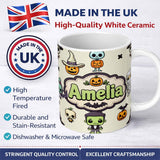 Personalized Custom Name Halloween Character Zombie Mummy Bat Pumpkin Seamless Pattern Beige 11oz Ceramic Coffee Tea Mug White Large Handle