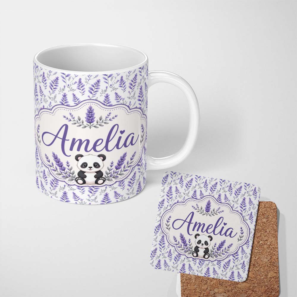 Personalized Custom Name Minimal Lavender Leaf and Stem Repeat in Soft Purple Tones Lovely 11oz Ceramic Coffee Tea Mug White Large Handle