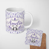 Personalized Custom Name Minimal Lavender Leaf and Stem Repeat in Soft Purple Tones Lovely 11oz Ceramic Coffee Tea Mug White Large Handle